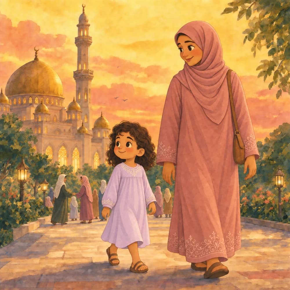 A girl and her mother walking home from the mosque at sunset, from Goes to the Mosque